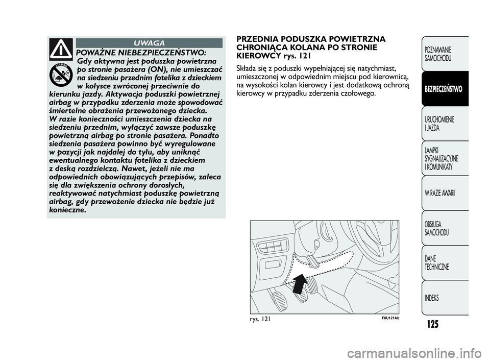 Abarth Punto 2021  Instrukcja obsługi (in Polish) 125
F0U121Abrys. 121
PRZEDNIA PODUSZKA POWIETRZNA
CHRONIĄCA KOLANA PO STRONIE
KIEROWCY rys. 121
Składa się z poduszki wypełniającej się natychmiast,
umieszczonej w odpowiednim miejscu pod kierow