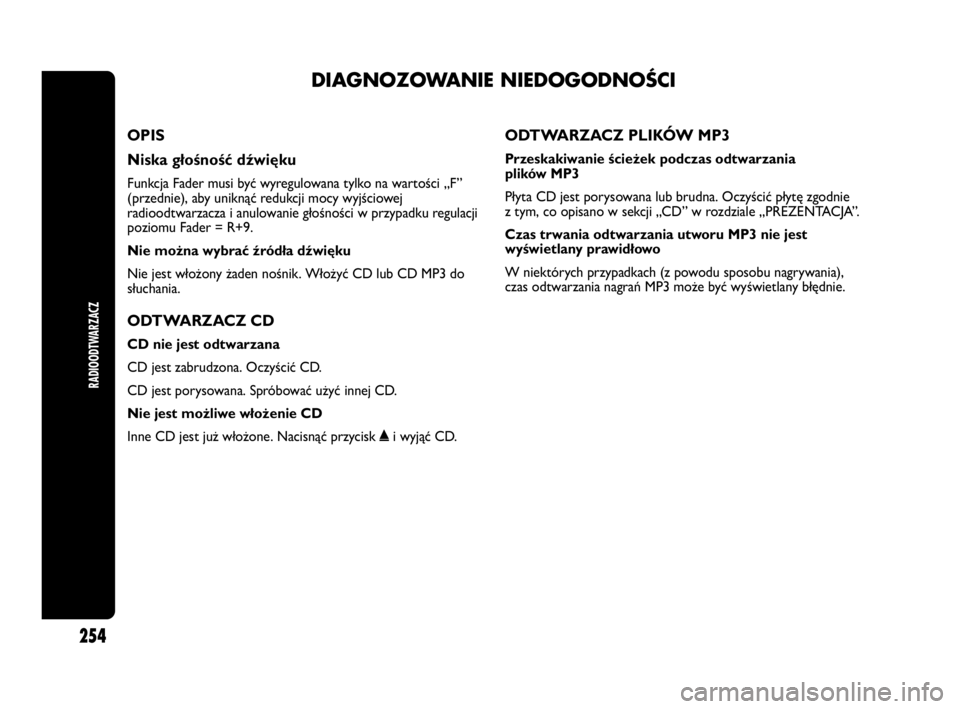 Abarth Punto 2020 Instrukcja obsługi (in Polish) DIAGNOZOWANIE NIEDOGODNOŚCI
RADIOODTWARZACZ
254
OPIS
Niska głośność dźwięku
Funkcja Fader musi być wyregulowana tylko na wartości „F”
(przednie), aby uniknąć redukcji mocy wyjściowej
Abarth Punto 2020 Instrukcja obsługi (in Polish) DIAGNOZOWANIE NIEDOGODNOŚCI
RADIOODTWARZACZ
254
OPIS
Niska głośność dźwięku
Funkcja Fader musi być wyregulowana tylko na wartości „F”
(przednie), aby uniknąć redukcji mocy wyjściowej