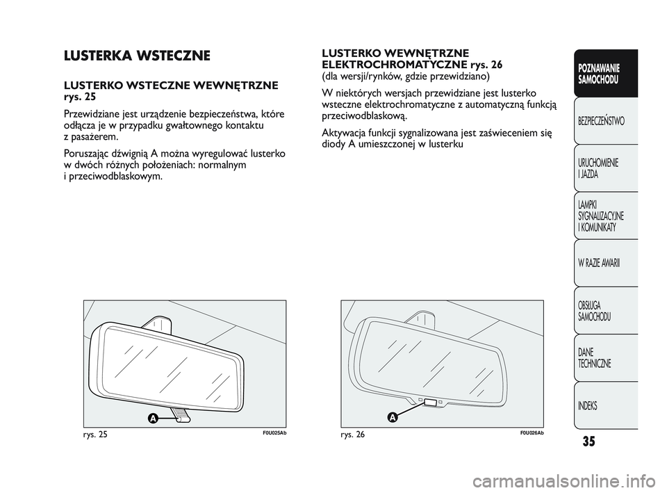 Abarth Punto 2019  Instrukcja obsługi (in Polish) 35
POZNAWANIE 
SAMOCHODU
BEZPIECZEŃSTWO
URUCHOMIENIE
I JAZDA
LAMPKI
SYGNALIZACYJNE
I KOMUNIKATY
W RAZIE AWARII
OBSŁUGA
SAMOCHODU
DANE
TECHNICZNE
INDEKS
LUSTERKO WEWNĘTRZNE
ELEKTROCHROMATYCZNE rys. 