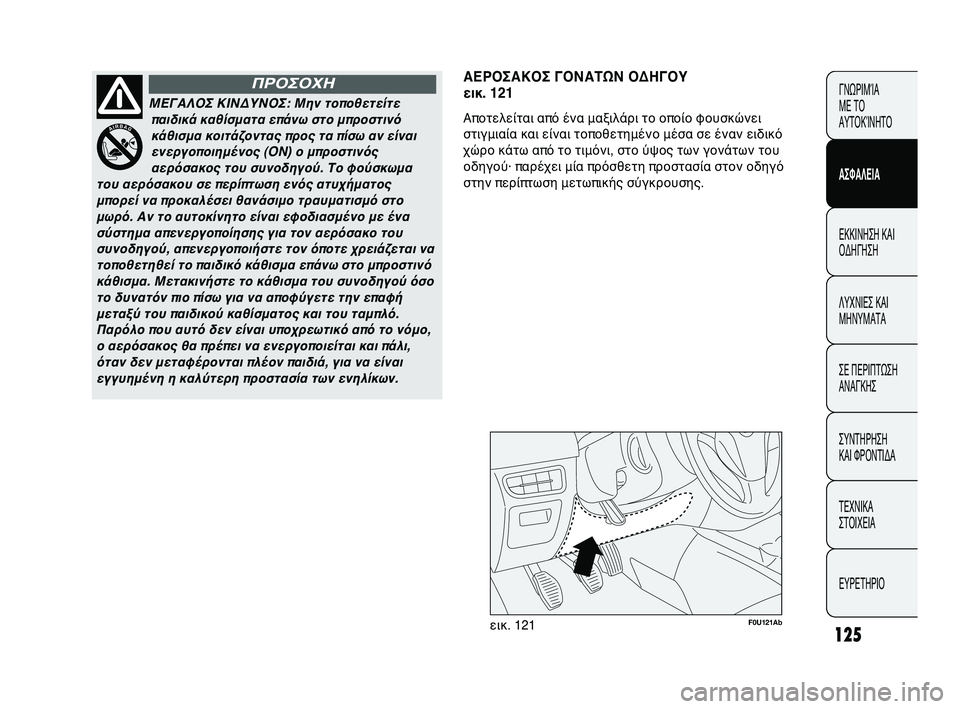 Abarth Punto 2012 ΒΙΒΛΙΟ ΧΡΗΣΗΣ ΚΑΙ ΣΥΝΤΗΡΗΣΗΣ (in Greek) 125
F0U121Abεικ. 121
ΑΕPfΟΣΑΚΟΣ ΓΟΝΑΤΩΝ ΟΔΗΓΟΥ
εικ. 121
Αποτελείται από ένα μαξιλάρι το\Υ οποίο φουσκώνει
στιγμιαία κα Abarth Punto 2012 ΒΙΒΛΙΟ ΧΡΗΣΗΣ ΚΑΙ ΣΥΝΤΗΡΗΣΗΣ (in Greek) 125
F0U121Abεικ. 121
ΑΕPfΟΣΑΚΟΣ ΓΟΝΑΤΩΝ ΟΔΗΓΟΥ
εικ. 121
Αποτελείται από ένα μαξιλάρι το\Υ οποίο φουσκώνει
στιγμιαία κα