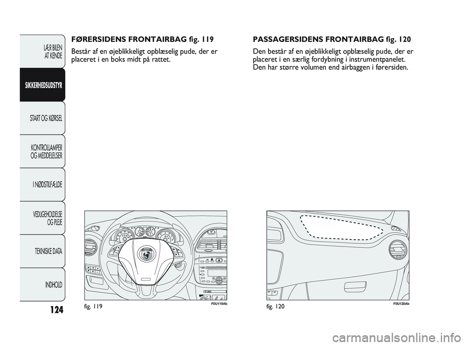 Abarth Punto 2012  Brugs- og vedligeholdelsesvejledning (in Danish) 124
F0U119Abfig. 119F0U120Abfig. 120
FØRERSIDENS FRONTAIRBAG fig. 119
Består af en øjeblikkeligt opblæselig pude, der er
placeret i en boks midt på rattet.
LÆR BILEN AT KENDE
SIKKERHEDSUDSTYR
ST