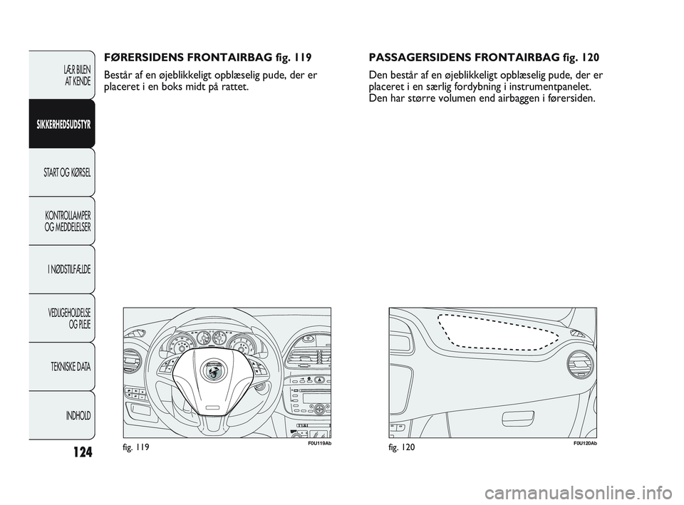 Abarth Punto 2012  Brugs- og vedligeholdelsesvejledning (in Danish) 124
F0U119Abfig. 119F0U120Abfig. 120
FØRERSIDENS FRONTAIRBAG fig. 119
Består af en øjeblikkeligt opblæselig pude, der er
placeret i en boks midt på rattet.
LÆR BILEN AT KENDE
SIKKERHEDSUDSTYR
ST