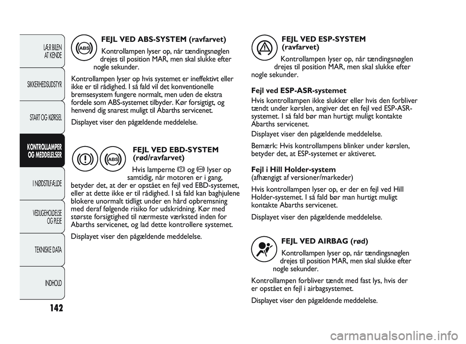 Abarth Punto 2012  Brugs- og vedligeholdelsesvejledning (in Danish) 142
LÆR BILEN AT KENDE
SIKKERHEDSUDSTYR
START OG KØRSEL
KONTROLLAMPEROG MEDDELELSER
I NØDSTILFÆLDE
VEDLIGEHOLDELSE  OG PLEJE
TEKNISKE DATA
INDHOLD
FEJL VED ABS-SYSTEM (ravfarvet)Kontrollampen lyse