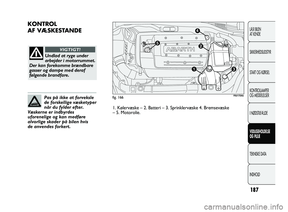 Abarth Punto 2012  Brugs- og vedligeholdelsesvejledning (in Danish) 187
KONTROL 
AF VÆSKESTANDE
LÆR BILEN 
AT KENDE
SIKKERHEDSUDSTYR
START OG KØRSEL
KONTROLLAMPER 
OG MEDDELELSER
I NØDSTILFÆLDE
VEDLIGEHOLDELSE 
OG PLEJE
TEKNISKE DATA
INDHOLD
fig. 166
Undlad at ry