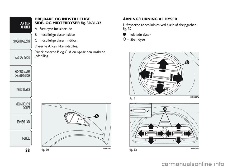 Abarth Punto 2012  Brugs- og vedligeholdelsesvejledning (in Danish) 38
LÆR BILEN AT KENDE
SIKKERHEDSUDSTYR
ST
 ART OG KØRSEL
KONTROLLAMPER
OG MEDDELELSER
I NØDSTILFÆLDE
VEDLIGEHOLDELSE  OG PLEJE
TEKNISKE DATA
INDHOLD
F0U0030Abfig. 31
F0U032Abfig. 30F0U031Abfig. 32