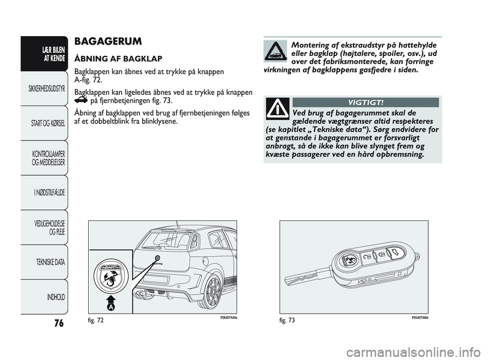 Abarth Punto 2012  Brugs- og vedligeholdelsesvejledning (in Danish) 76
LÆR BILEN AT KENDE
SIKKERHEDSUDSTYR
ST
 ART OG KØRSEL
KONTROLLAMPER
OG MEDDELELSER
I NØDSTILFÆLDE
VEDLIGEHOLDELSE  OG PLEJE
TEKNISKE DATA
INDHOLD
F0U074Abfig. 72F0U075Abfig. 73
BAGAGERUM
ÅBNIN