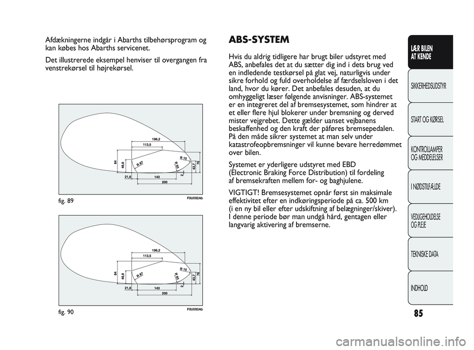 Abarth Punto 2012  Brugs- og vedligeholdelsesvejledning (in Danish) 85
LÆR BILEN 
AT KENDE
SIKKERHEDSUDSTYR
ST

ART OG KØRSEL
KONTROLLAMPER 
OG MEDDELELSER
I NØDSTILFÆLDE
VEDLIGEHOLDELSE 
OG PLEJE
TEKNISKE DATA
INDHOLD
Afdækningerne indgår i Abarths tilbehørspr