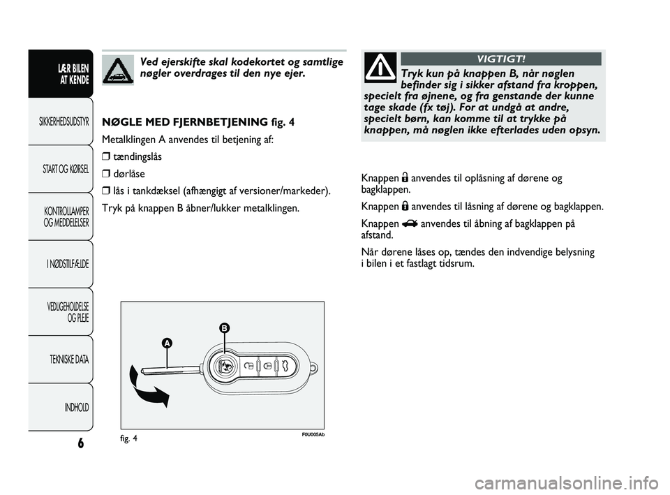 Abarth Punto 2012  Brugs- og vedligeholdelsesvejledning (in Danish) 6
LÆR BILEN AT KENDE
SIKKERHEDSUDSTYR
ST
 ART OG KØRSEL
KONTROLLAMPER
OG MEDDELELSER
I NØDSTILFÆLDE
VEDLIGEHOLDELSE  OG PLEJE
TEKNISKE DATA
INDHOLD
F0U005Abfig. 4
NØGLE MED FJERNBETJENING fig. 4
