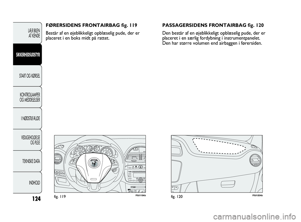 Abarth Punto 2014  Brugs- og vedligeholdelsesvejledning (in Danish) 124
F0U119Abfig. 119F0U120Abfig. 120
FØRERSIDENS FRONTAIRBAG fig. 119
Består af en øjeblikkeligt opblæselig pude, der er
placeret i en boks midt på rattet.
LÆR BILEN 
AT KENDE
SIKKERHEDSUDSTYR
S