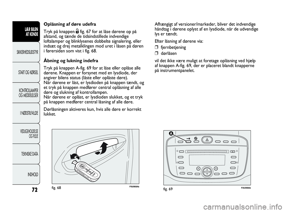 Abarth Punto 2021  Brugs- og vedligeholdelsesvejledning (in Danish) 72
LÆR BILEN 
AT KENDE
SIKKERHEDSUDSTYR
START OG KØRSEL
KONTROLLAMPER
OG MEDDELELSER
I NØDSTILFÆLDE
VEDLIGEHOLDELSE
OG PLEJE
TEKNISKE DATA
INDHOLD
F0U069Abfig. 69F0U068Abfig. 68
Oplåsning af dør