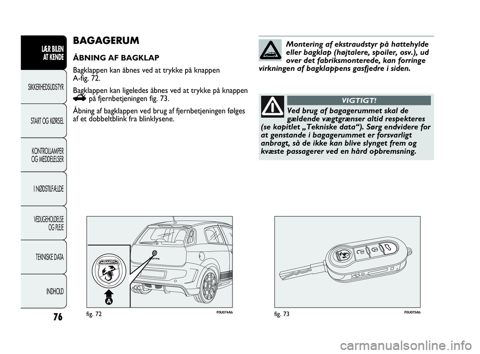 Abarth Punto 2017  Brugs- og vedligeholdelsesvejledning (in Danish) 76
LÆR BILEN 
AT KENDE
SIKKERHEDSUDSTYR
START OG KØRSEL
KONTROLLAMPER
OG MEDDELELSER
I NØDSTILFÆLDE
VEDLIGEHOLDELSE
OG PLEJE
TEKNISKE DATA
INDHOLD
F0U074Abfig. 72F0U075Abfig. 73
BAGAGERUM
ÅBNING 