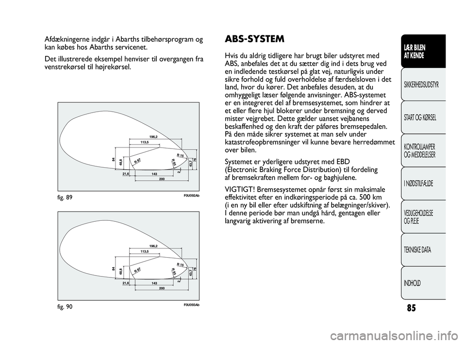 Abarth Punto 2014  Brugs- og vedligeholdelsesvejledning (in Danish) 85
LÆR BILEN 
AT KENDE
SIKKERHEDSUDSTYR
START OG KØRSEL
KONTROLLAMPER
OG MEDDELELSER
I NØDSTILFÆLDE
VEDLIGEHOLDELSE
OG PLEJE
TEKNISKE DATA
INDHOLD
Afdækningerne indgår i Abarths tilbehørsprogra