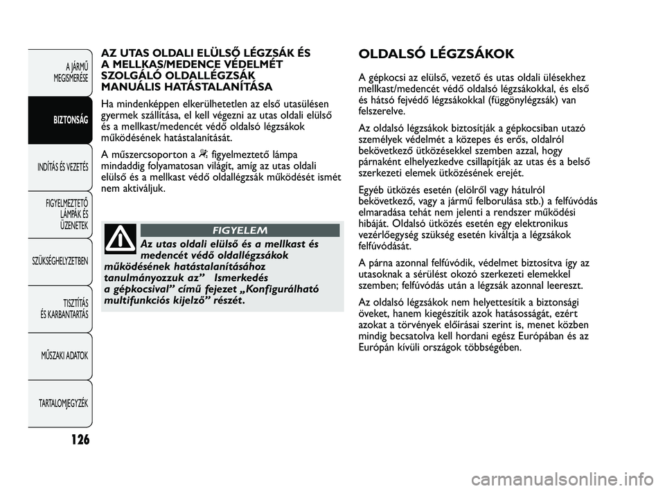 Abarth Punto 2012 Kezelési és karbantartási útmutató (in Hungarian) 126
A JÁRMŰ
MEGISMERÉSE
BIZTONSÁG
INDÍTÁS ÉS VEZETÉS FIGYELMEZTETŐ LÁMP
ÁK ÉS
ÜZENETEK
SZÜKSÉGHELYZETBEN
TISZTÍTÁS
ÉS KARBANTARTÁS
MŰSZAKI ADATOK
TARTALOMJEGYZÉK
Az utas oldal Abarth Punto 2012 Kezelési és karbantartási útmutató (in Hungarian) 126
A JÁRMŰ
MEGISMERÉSE
BIZTONSÁG
INDÍTÁS ÉS VEZETÉS FIGYELMEZTETŐ LÁMP
ÁK ÉS
ÜZENETEK
SZÜKSÉGHELYZETBEN
TISZTÍTÁS
ÉS KARBANTARTÁS
MŰSZAKI ADATOK
TARTALOMJEGYZÉK
Az utas oldal