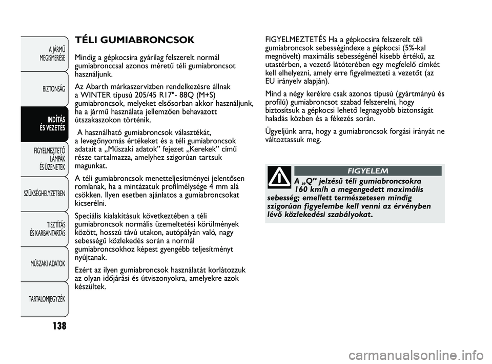 Abarth Punto 2012  Kezelési és karbantartási útmutató (in Hungarian) 138
A JÁRMŰ 
MEGISMERÉSE
BIZTONSÁG INDÍTÁS 
ÉS VEZETÉS
FIGYELMEZTETŐ  LÁMP
 ÁK 
ÉS ÜZENETEK
SZÜKSÉGHELYZETBEN
TISZTÍTÁS 
ÉS KARBANTARTÁS
MŰSZAKI ADATOK
TARTALOMJEGYZÉK
TÉLI GUMIA