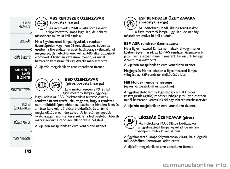 Abarth Punto 2012  Kezelési és karbantartási útmutató (in Hungarian) 142
A JÁRMŰ 
MEGISMERÉSE
BIZTONSÁG
INDÍTÁS ÉS VEZETÉS FIGYELMEZTETŐ  LÁMP
 ÁK 
ÉS ÜZENETEK
SZÜKSÉGHELYZETBEN
TISZTÍT
 ÁS 
ÉS KARBANTARTÁS
MŰSZAKI ADATOK
TARTALOMJEGYZÉK
ABS RENDSZ