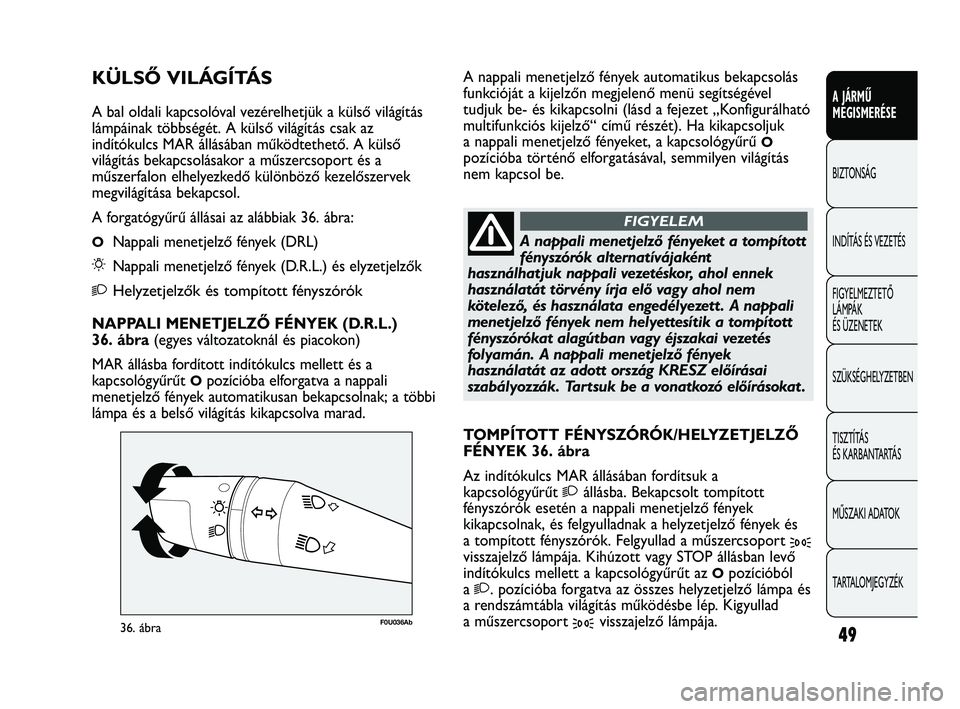Abarth Punto 2012 Kezelési és karbantartási útmutató (in Hungarian) 49
A JÁRMŰ
MEGISMERÉSE
BIZTONSÁG
INDÍTÁS ÉS VEZETÉS
FIGYELMEZTETŐ
LÁMPÁK
ÉS ÜZENETEK
SZÜKSÉGHELYZETBEN
TISZTÍTÁS
ÉS KARBANTARTÁS
MŰSZAKI ADATOK
TARTALOMJEGYZÉK
F0U036Ab36. áb Abarth Punto 2012 Kezelési és karbantartási útmutató (in Hungarian) 49
A JÁRMŰ
MEGISMERÉSE
BIZTONSÁG
INDÍTÁS ÉS VEZETÉS
FIGYELMEZTETŐ
LÁMPÁK
ÉS ÜZENETEK
SZÜKSÉGHELYZETBEN
TISZTÍTÁS
ÉS KARBANTARTÁS
MŰSZAKI ADATOK
TARTALOMJEGYZÉK
F0U036Ab36. áb