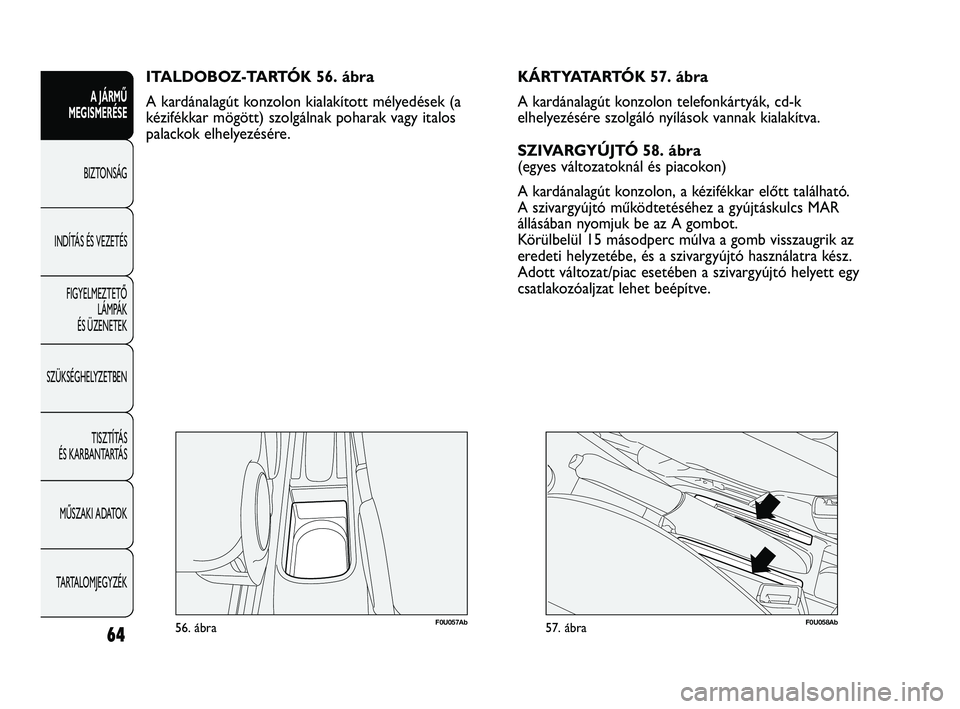 Abarth Punto 2012 Kezelési és karbantartási útmutató (in Hungarian) 64
A JÁRMŰ
MEGISMERÉSE
BIZTONSÁG
INDÍT
ÁS ÉS VEZETÉS
FIGYELMEZTETŐ LÁMPÁK
ÉS ÜZENETEK
SZÜKSÉGHELYZETBEN
TISZTÍTÁS
ÉS KARBANTARTÁS
MŰSZAKI ADATOK
TARTALOMJEGYZÉK
F0U057Ab56. Abarth Punto 2012 Kezelési és karbantartási útmutató (in Hungarian) 64
A JÁRMŰ
MEGISMERÉSE
BIZTONSÁG
INDÍT
ÁS ÉS VEZETÉS
FIGYELMEZTETŐ LÁMPÁK
ÉS ÜZENETEK
SZÜKSÉGHELYZETBEN
TISZTÍTÁS
ÉS KARBANTARTÁS
MŰSZAKI ADATOK
TARTALOMJEGYZÉK
F0U057Ab56.