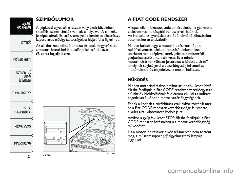 Abarth Punto 2012 Kezelési és karbantartási útmutató (in Hungarian) 4
A JÁRMŰ
MEGISMERÉSE
BIZTONSÁG
INDÍT
ÁS ÉS VEZETÉS
FIGYELMEZTETŐ LÁMPÁK
ÉS ÜZENETEK
SZÜKSÉGHELYZETBEN
TISZTÍTÁS
ÉS KARBANTARTÁS
MŰSZAKI ADATOK
TARTALOMJEGYZÉK
A FIAT CODE RE Abarth Punto 2012 Kezelési és karbantartási útmutató (in Hungarian) 4
A JÁRMŰ
MEGISMERÉSE
BIZTONSÁG
INDÍT
ÁS ÉS VEZETÉS
FIGYELMEZTETŐ LÁMPÁK
ÉS ÜZENETEK
SZÜKSÉGHELYZETBEN
TISZTÍTÁS
ÉS KARBANTARTÁS
MŰSZAKI ADATOK
TARTALOMJEGYZÉK
A FIAT CODE RE
