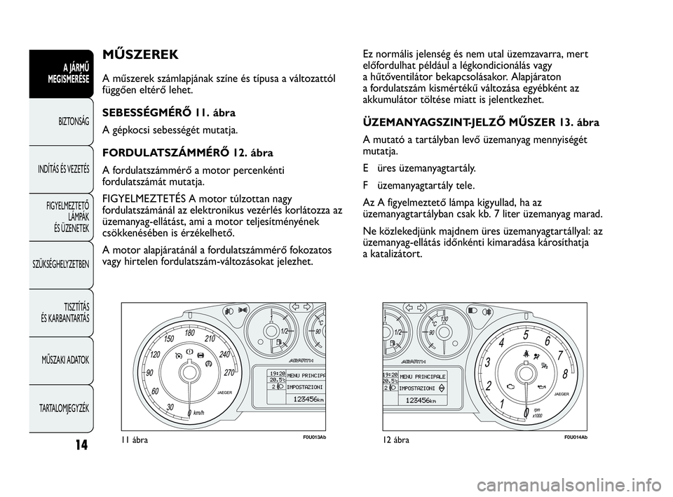 Abarth Punto 2018 Kezelési és karbantartási útmutató (in Hungarian) 14
A JÁRMŰ
MEGISMERÉSE
BIZTONSÁG
INDÍTÁS ÉS VEZETÉS
FIGYELMEZTETŐ
LÁMPÁK
ÉS ÜZENETEK
SZÜKSÉGHELYZETBEN
TISZTÍTÁS
ÉS KARBANTARTÁS
MŰSZAKI ADATOK
TARTALOMJEGYZÉK
MŰSZEREK
A m Abarth Punto 2018 Kezelési és karbantartási útmutató (in Hungarian) 14
A JÁRMŰ
MEGISMERÉSE
BIZTONSÁG
INDÍTÁS ÉS VEZETÉS
FIGYELMEZTETŐ
LÁMPÁK
ÉS ÜZENETEK
SZÜKSÉGHELYZETBEN
TISZTÍTÁS
ÉS KARBANTARTÁS
MŰSZAKI ADATOK
TARTALOMJEGYZÉK
MŰSZEREK
A m