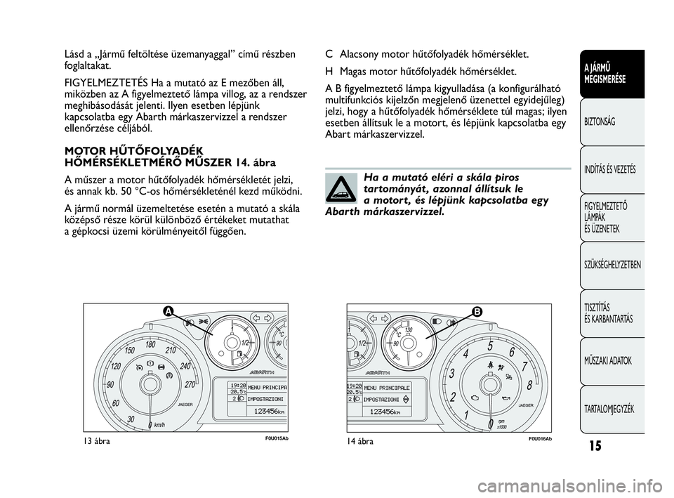 Abarth Punto 2013  Kezelési és karbantartási útmutató (in Hungarian) 15
A JÁRMŰ 
MEGISMERÉSE
BIZTONSÁG
INDÍTÁS ÉS VEZETÉS
FIGYELMEZTETŐ 
LÁMPÁK 
ÉS ÜZENETEK
SZÜKSÉGHELYZETBEN
TISZTÍTÁS 
ÉS KARBANTARTÁS
MŰSZAKI ADATOK
TARTALOMJEGYZÉK
F0U015Ab13ábra