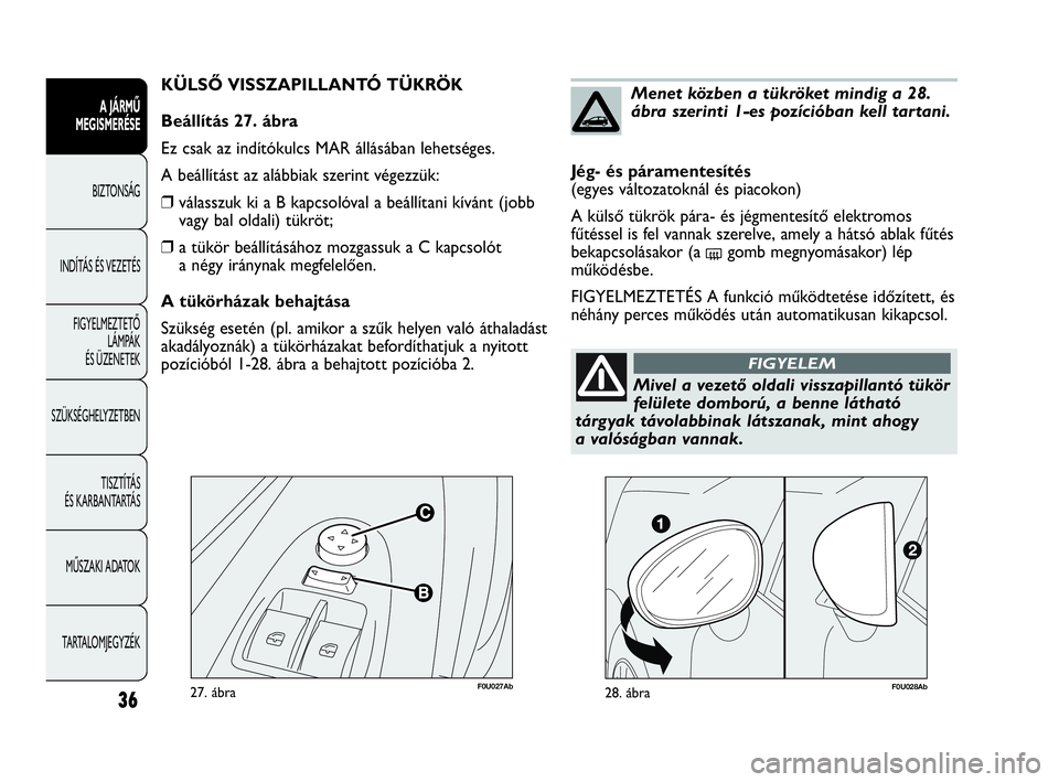 Abarth Punto 2018 Kezelési és karbantartási útmutató (in Hungarian) 36
A JÁRMŰ
MEGISMERÉSE
BIZTONSÁG
INDÍTÁS ÉS VEZETÉS
FIGYELMEZTETŐ
LÁMPÁK
ÉS ÜZENETEK
SZÜKSÉGHELYZETBEN
TISZTÍTÁS
ÉS KARBANTARTÁS
MŰSZAKI ADATOK
TARTALOMJEGYZÉK
F0U027Ab27. áb Abarth Punto 2018 Kezelési és karbantartási útmutató (in Hungarian) 36
A JÁRMŰ
MEGISMERÉSE
BIZTONSÁG
INDÍTÁS ÉS VEZETÉS
FIGYELMEZTETŐ
LÁMPÁK
ÉS ÜZENETEK
SZÜKSÉGHELYZETBEN
TISZTÍTÁS
ÉS KARBANTARTÁS
MŰSZAKI ADATOK
TARTALOMJEGYZÉK
F0U027Ab27. áb