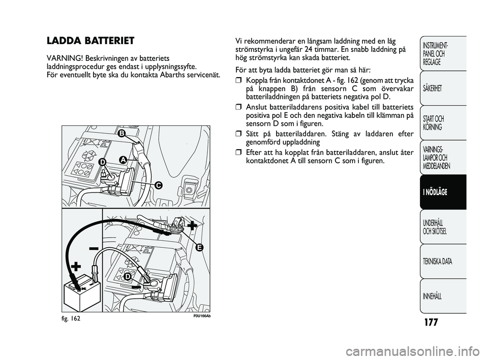 Abarth Punto 2012  Drift- och underhållshandbok (in Swedish) 177
INSTRUMENT-
PANEL OCH 
REGLAGE
SÄKERHET
START OCH 
KÖRNING
VARNINGS-
LAMPOR OCH 
MEDDELANDEN
I NÖDLÄGE
UNDERHÅLL 
OCH SKÖTSEL
TEKNISKA DATA
INNEHÅLL
LADDA BATTERIET
VARNING! Beskrivningen a