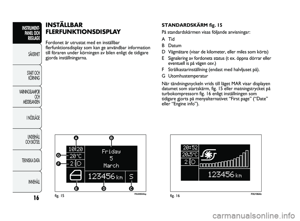 Abarth Punto 2012 Drift- och underhållshandbok (in Swedish) 16
INSTRUMENT-
PANEL OCH
REGLAGE
SÄKERHET
START OCH
KÖRNING
VARNINGSLAMPOR
OCH
MEDDELANDEN
I NÖDLÄGE
UNDERHÅLL
OCH SKÖTSEL
TEKNISKA DATA
INNEHÅLL
fig. 15F0U2050Abg
INSTÄLLBAR
FLERFUNKTION Abarth Punto 2012 Drift- och underhållshandbok (in Swedish) 16
INSTRUMENT-
PANEL OCH
REGLAGE
SÄKERHET
START OCH
KÖRNING
VARNINGSLAMPOR
OCH
MEDDELANDEN
I NÖDLÄGE
UNDERHÅLL
OCH SKÖTSEL
TEKNISKA DATA
INNEHÅLL
fig. 15F0U2050Abg
INSTÄLLBAR
FLERFUNKTION