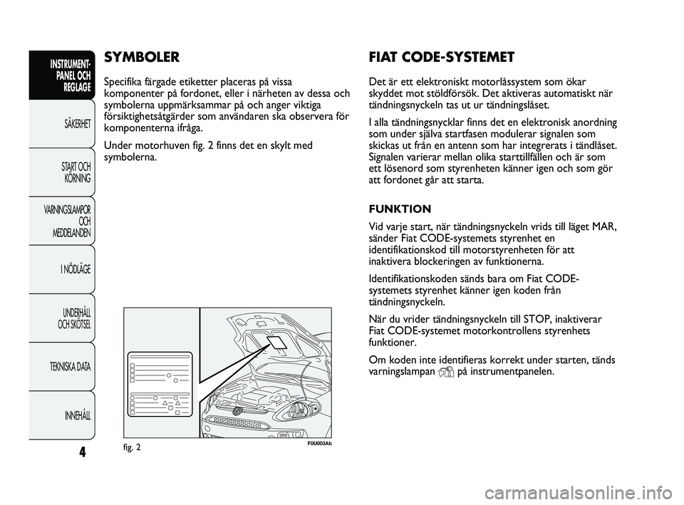 Abarth Punto 2012  Drift- och underhållshandbok (in Swedish) 4
INSTRUMENT-
PANEL OCH 
REGLAGE
SÄKERHET
START OCH 
KÖRNING
VARNINGSLAMPOR
OCH 
MEDDELANDEN
I NÖDLÄGE
UNDERHÅLL 
OCH SKÖTSEL
TEKNISKA DATA
INNEHÅLL
FIAT CODE-SYSTEMET
Det är ett elektroniskt 