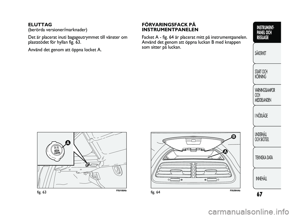 Abarth Punto 2012 Drift- och underhållshandbok (in Swedish) 67
INSTRUMENT-
PANEL OCH
REGLAGE
SÄKERHET
START OCH
KÖRNING
VARNINGSLAMPOR
OCH
MEDDELANDEN
I NÖDLÄGE
UNDERHÅLL
OCH SKÖTSEL
TEKNISKA DATA
INNEHÅLL
F0U064Abfig. 64
ELUTTAG
(berörda versioner Abarth Punto 2012 Drift- och underhållshandbok (in Swedish) 67
INSTRUMENT-
PANEL OCH
REGLAGE
SÄKERHET
START OCH
KÖRNING
VARNINGSLAMPOR
OCH
MEDDELANDEN
I NÖDLÄGE
UNDERHÅLL
OCH SKÖTSEL
TEKNISKA DATA
INNEHÅLL
F0U064Abfig. 64
ELUTTAG
(berörda versioner