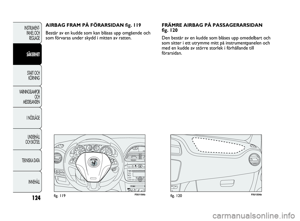 Abarth Punto 2014  Drift- och underhållshandbok (in Swedish) 124
INSTRUMENT-
PANEL OCH 
REGLAGE
SÄKERHET
START OCH 
KÖRNING
VARNINGSLAMPOR
OCH
MEDDELANDEN
I NÖDLÄGE
UNDERHÅLL
OCH SKÖTSEL
TEKNISKA DATA
INNEHÅLL
F0U119Abfig. 119F0U120Abfig. 120
AIRBAG FRAM