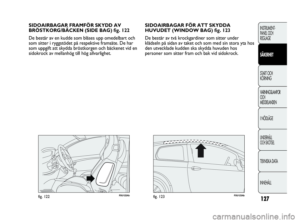 Abarth Punto 2014  Drift- och underhållshandbok (in Swedish) 127
INSTRUMENT-
PANEL OCH 
REGLAGE
SÄKERHET
START OCH 
KÖRNING
VARNINGSLAMPOR
OCH
MEDDELANDEN
I NÖDLÄGE
UNDERHÅLL
OCH SKÖTSEL
TEKNISKA DATA
INNEHÅLL
SIDOAIRBAGAR FÖR ATT SKYDDA
HUVUDET (WINDOW