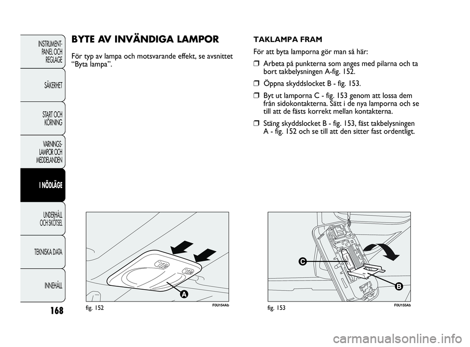 Abarth Punto 2021 Drift- och underhållshandbok (in Swedish) 168
INSTRUMENT-
PANEL OCH
REGLAGE
SÄKERHET
START OCH
KÖRNING
VARNINGS-
LAMPOR OCH
MEDDELANDEN
I NÖDLÄGE
UNDERHÅLL
OCH SKÖTSEL
TEKNISKA DATA
INNEHÅLL
F0U154Abfig. 152
BYTE AV INVÄNDIGA LAMPO Abarth Punto 2021 Drift- och underhållshandbok (in Swedish) 168
INSTRUMENT-
PANEL OCH
REGLAGE
SÄKERHET
START OCH
KÖRNING
VARNINGS-
LAMPOR OCH
MEDDELANDEN
I NÖDLÄGE
UNDERHÅLL
OCH SKÖTSEL
TEKNISKA DATA
INNEHÅLL
F0U154Abfig. 152
BYTE AV INVÄNDIGA LAMPO