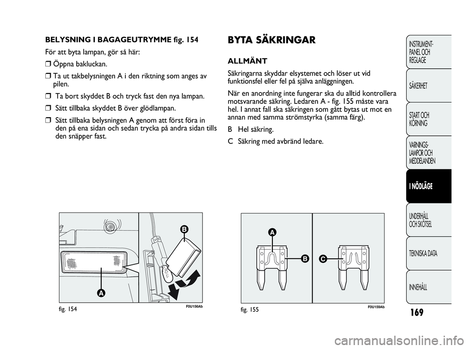 Abarth Punto 2021 Drift- och underhållshandbok (in Swedish) 169
INSTRUMENT-
PANEL OCH
REGLAGE
SÄKERHET
START OCH
KÖRNING
VARNINGS-
LAMPOR OCH
MEDDELANDEN
I NÖDLÄGE
UNDERHÅLL
OCH SKÖTSEL
TEKNISKA DATA
INNEHÅLL
F0U156Abfig. 154
BELYSNING I BAGAGEUTRYMM Abarth Punto 2021 Drift- och underhållshandbok (in Swedish) 169
INSTRUMENT-
PANEL OCH
REGLAGE
SÄKERHET
START OCH
KÖRNING
VARNINGS-
LAMPOR OCH
MEDDELANDEN
I NÖDLÄGE
UNDERHÅLL
OCH SKÖTSEL
TEKNISKA DATA
INNEHÅLL
F0U156Abfig. 154
BELYSNING I BAGAGEUTRYMM