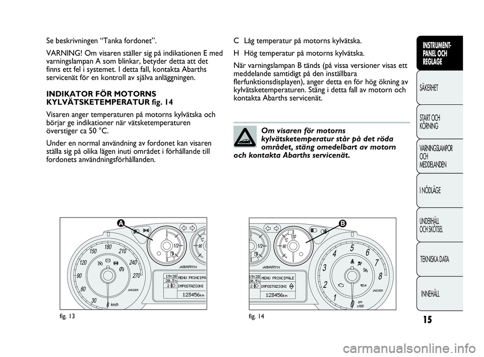 Abarth Punto 2016  Drift- och underhållshandbok (in Swedish) 15
INSTRUMENT-
PANEL OCH 
REGLAGE
SÄKERHET
START OCH 
KÖRNING
VARNINGSLAMPOR
OCH
MEDDELANDEN
I NÖDLÄGE
UNDERHÅLL
OCH SKÖTSEL
TEKNISKA DATA
INNEHÅLL
fig. 13fig. 14
CLåg temperatur på motorns k