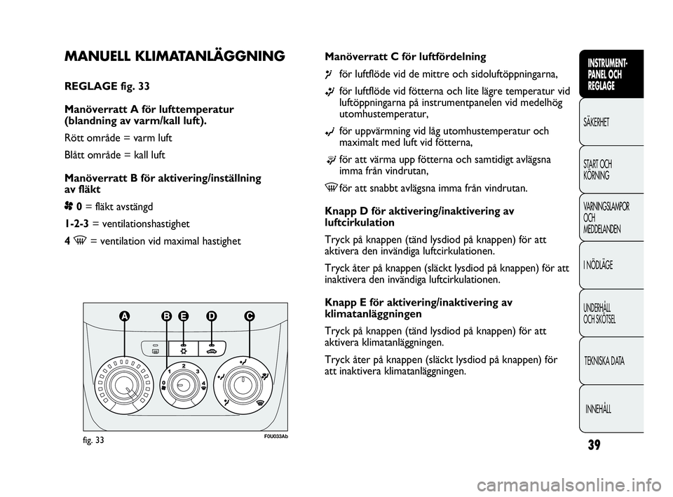 Abarth Punto 2018  Drift- och underhållshandbok (in Swedish) 39
INSTRUMENT-
PANEL OCH 
REGLAGE
SÄKERHET
START OCH 
KÖRNING
VARNINGSLAMPOR
OCH
MEDDELANDEN
I NÖDLÄGE
UNDERHÅLL
OCH SKÖTSEL
TEKNISKA DATA
INNEHÅLL
MANUELL KLIMATANLÄGGNING 
REGLAGE fig. 33
Ma