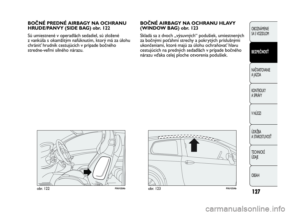Abarth Punto 2015  Návod na použitie a údržbu (in Slovak) 127
OBOZNÁMENIE 
SA S VOZIDLOM
BEZPEČNOSŤ
NAŠTARTOVANIE
A JAZDA
KONTROLKY 
A SPRÁVY
V NÚDZI
ÚDRŽBA 
A STAROSTLIVOSŤ
TECHNICKÉ 
ÚDAJE
OBSAH
BOČNÉ AIRBAGY NA OCHRANU HLAVY
(WINDOW BAG) obr.