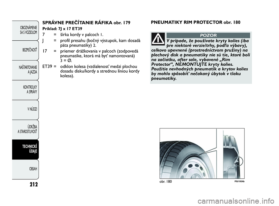 Abarth Punto 2014  Návod na použitie a údržbu (in Slovak) 212
OBOZNÁMENIE 
SA S VOZIDLOM
BEZPEČNOSŤ
NAŠTARTOVANIE
A JAZDA
KONTROLKY
A SPRÁVY
V NÚDZI
ÚDRŽBA 
A STAROSTLIVOSŤ
TECHNICKÉ
ÚDAJE
OBSAH
SPRÁVNE PREČÍTANIE RÁFIKA obr. 179
Príklad: 7J 