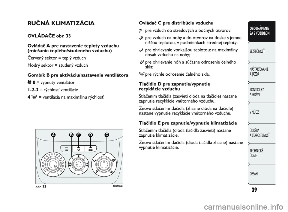 Abarth Punto 2015  Návod na použitie a údržbu (in Slovak) OBSAH TECHNICKÉ 
ÚDAJE ÚDRŽBA 
A STAROSTLIVOSŤ V NÚDZI KONTROLKY 
A SPRÁVY NAŠTARTOVANIE
A JAZDA BEZPEČNOSŤ
OBOZNÁMENIE 
SA S VOZIDLOM
39
RUČNÁ KLIMATIZÁCIA 
OVLÁDAČE obr. 33
Ovládač