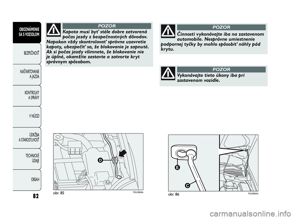 Abarth Punto 2013  Návod na použitie a údržbu (in Slovak) 82
OBOZNÁMENIE
SA S VOZIDLOM
BEZPEČNOSŤ
NAŠTARTOVANIE
A JAZDA
KONTROLKY 
A SPRÁVY
V NÚDZI
ÚDRŽBA 
A STAROSTLIVOSŤ
TECHNICKÉ 
ÚDAJE
OBSAH
F0U088Abobr. 85
Kapota musí byť stále dobre zatvo