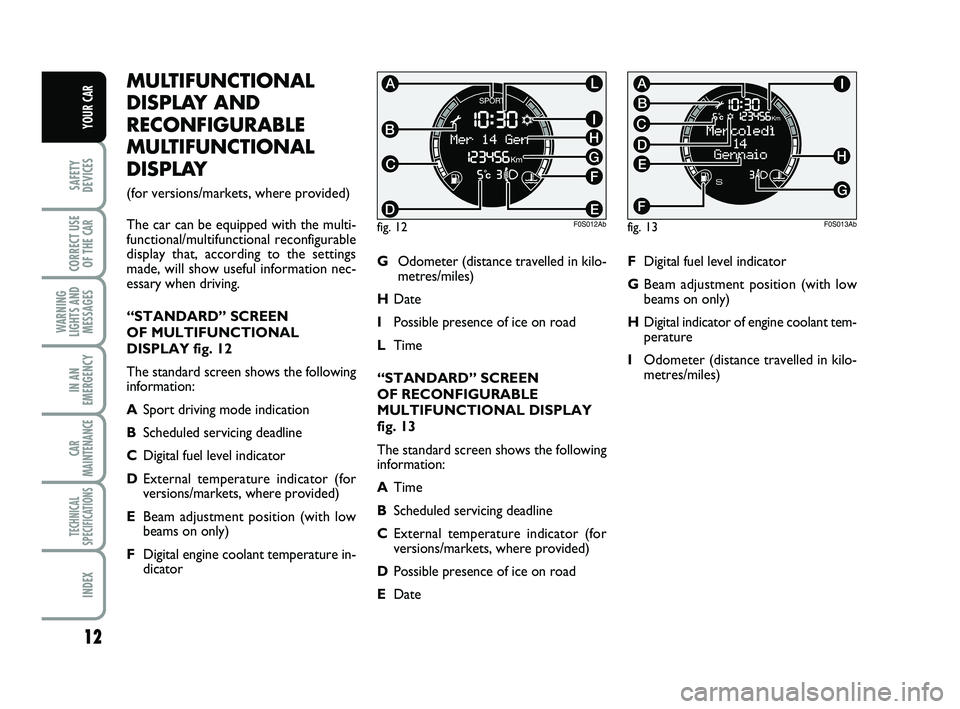 Abarth 500 2008  Owner handbook (in English) 12
SAFETY
DEVICES
CORRECT USE
OF THE 
CAR 
WARNING
LIGHTS AND
MESSAGES
IN AN
EMERGENCY
CAR
MAINTENANCE
TECHNICAL
SPECIFICATIONS
INDEX
YOUR CAR
MULTIFUNCTIONAL
DISPLAY AND
RECONFIGURABLE
MULTIFUNCTIONA