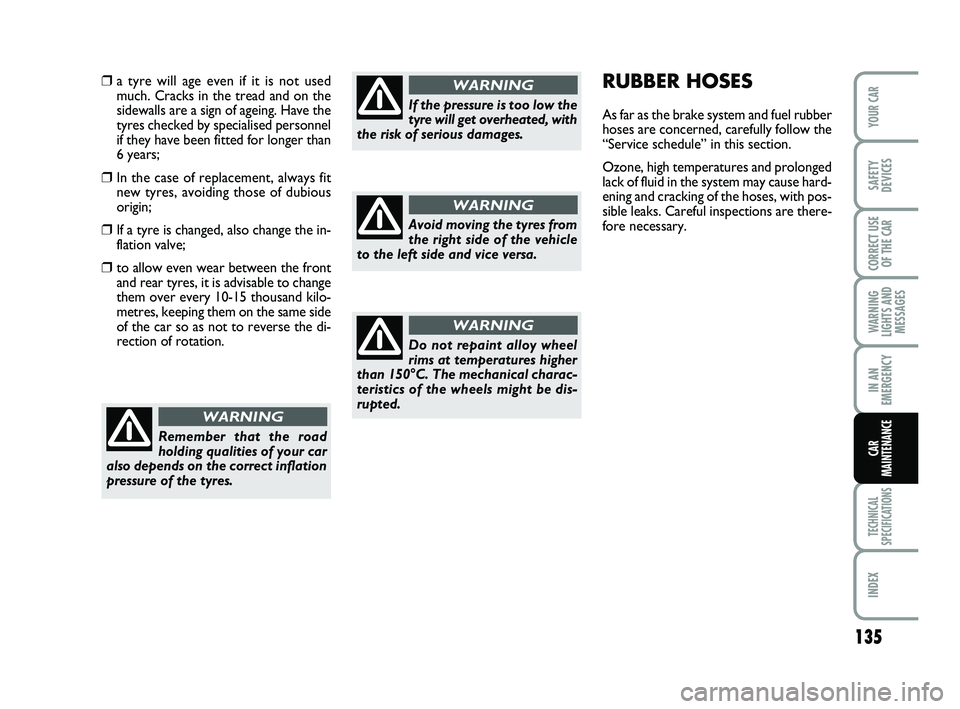 Abarth 500 2008  Owner handbook (in English) 135
WARNING
LIGHTS AND
MESSAGES
TECHNICAL
SPECIFICATIONS
INDEX
YOUR CAR
SAFETY
DEVICES
CORRECT USE
OF THE CAR
IN AN
EMERGENCY
CAR
MAINTENANCE
RUBBER HOSES
As far as the brake system and fuel rubber
ho