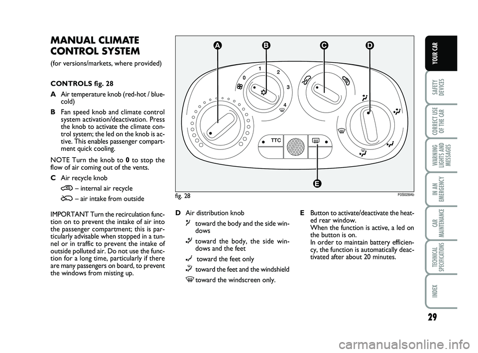 Abarth 500 2009  Owner handbook (in English) 29
SAFETY
DEVICES
CORRECT USE
OF THE 
CAR 
WARNING
LIGHTS AND
MESSAGES
IN AN
EMERGENCY
CAR
MAINTENANCE
TECHNICAL
SPECIFICATIONS
INDEX
YOUR CAR
MANUAL CLIMATE
CONTROL SYSTEM 
(for versions/markets, whe