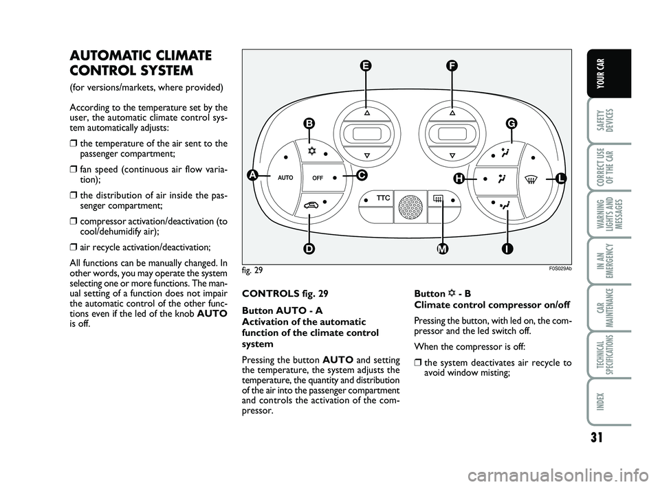 Abarth 500 2008  Owner handbook (in English) 31
SAFETY
DEVICES
CORRECT USE
OF THE 
CAR 
WARNING
LIGHTS AND
MESSAGES
IN AN
EMERGENCY
CAR
MAINTENANCE
TECHNICAL
SPECIFICATIONS
INDEX
YOUR CAR
AUTOMATIC CLIMATE
CONTROL SYSTEM 
(for versions/markets, 