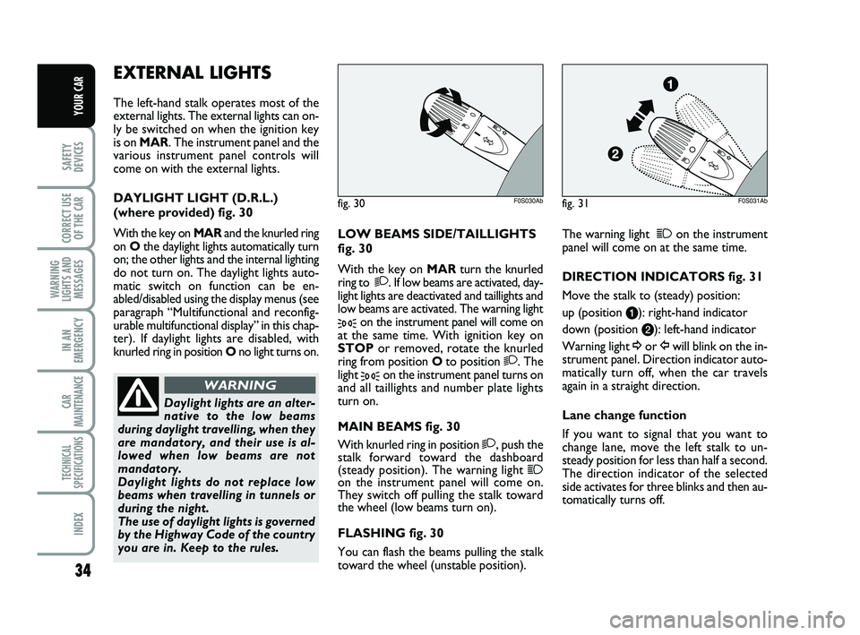 Abarth 500 2010  Owner handbook (in English) 34
SAFETY
DEVICES
CORRECT USE
OF THE 
CAR 
WARNING
LIGHTS AND
MESSAGES
IN AN
EMERGENCY
CAR
MAINTENANCE
TECHNICAL
SPECIFICATIONS
INDEX
YOUR CAR
LOW BEAMS SIDE/TAILLIGHTS
fig. 30
With the key on MAR tur