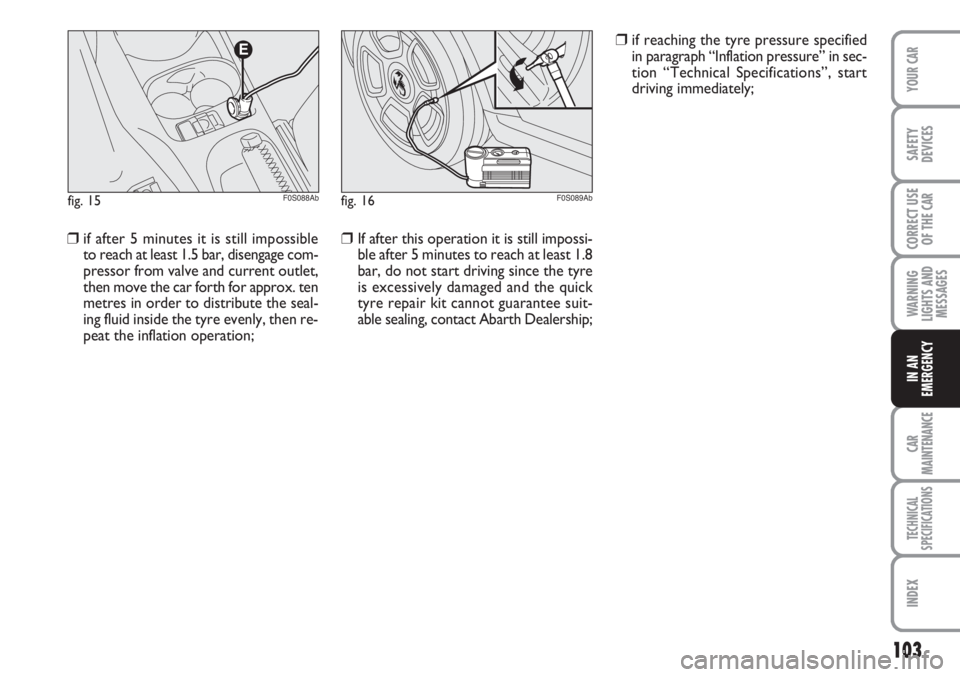 Abarth 500 2012  Owner handbook (in English) 103
WARNING
LIGHTS AND
MESSAGES
CAR
MAINTENANCE
TECHNICAL
SPECIFICATIONS
INDEX
YOUR CAR
SAFETY
DEVICES
CORRECT USE
OF THE 
CAR
IN AN
EMERGENCY
fig. 15

F0S088Abfig. 16F0S089Ab
❒if after 5 minutes i