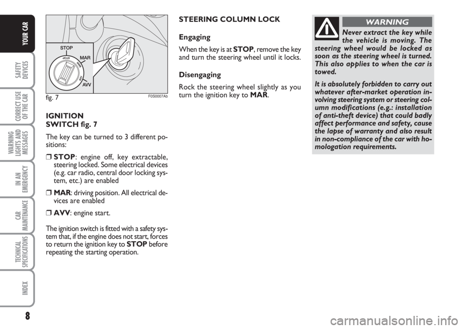 Abarth 500 2012  Owner handbook (in English) 8
SAFETY
DEVICES
CORRECT USE
OF THE 
CAR
WARNING
LIGHTS AND
MESSAGES
IN AN
EMERGENCY
CAR
MAINTENANCE
TECHNICAL
SPECIFICATIONS
INDEX
YOUR CAR
IGNITION 
SWITCH fig. 7
The key can be turned to 3 differen