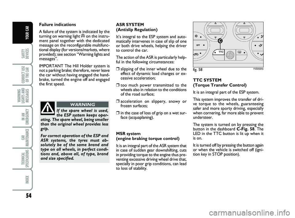 Abarth 500 2014  Owner handbook (in English) 54
SAFETY
DEVICES
CORRECT USE
OF THE 
CAR 
WARNING
LIGHTS AND
MESSAGES
IN AN
EMERGENCY
CAR
MAINTENANCE
TECHNICAL
SPECIFICATIONS
INDEX
YOUR CAR
Failure indications
A failure of the system is indicated 