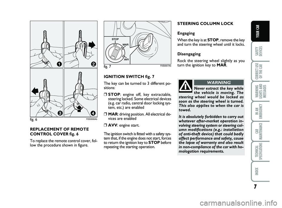 Abarth 500 2013  Owner handbook (in English) 7
SAFETY
DEVICES
CORRECT USE
OF THE 
CAR 
WARNING
LIGHTS AND
MESSAGES
IN AN
EMERGENCY
CAR
MAINTENANCE
TECHNICAL
SPECIFICATIONS
INDEX
YOUR CAR
REPLACEMENT OF REMOTE
CONTROL COVER fig. 6
To replace the 