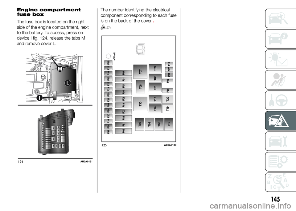 Abarth 500 2015  Owner handbook (in English) Engine compartment
fuse box
The fuse box is located on the right
side of the engine compartment, next
to the battery. To access, press on
device I fig. 124, release the tabs M
and remove cover L.The n