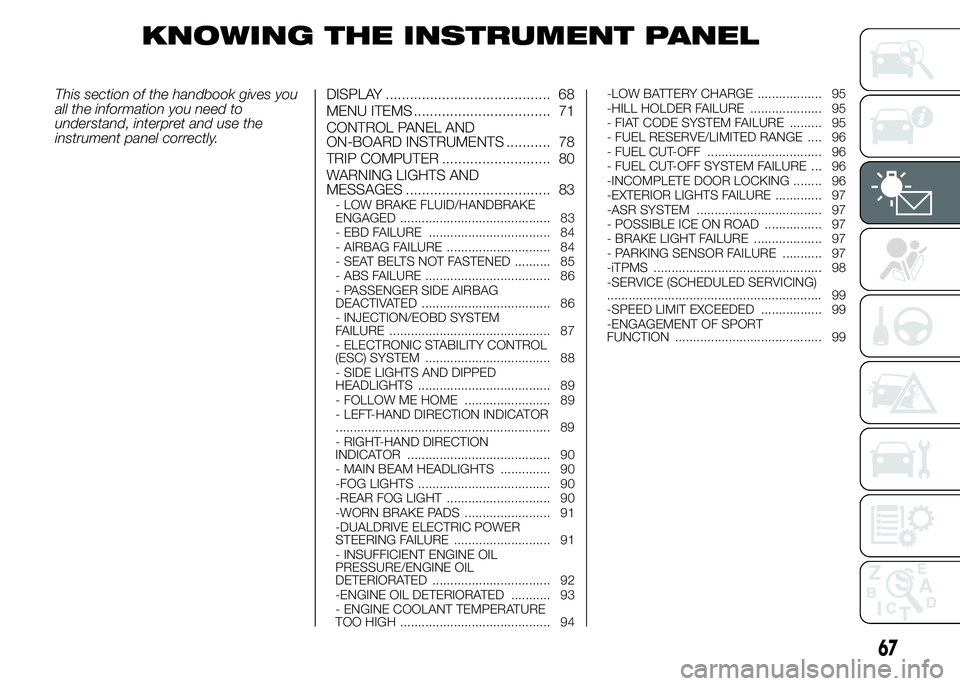 Abarth 500 2015  Owner handbook (in English) KNOWING THE INSTRUMENT PANEL
This section of the handbook gives you
all the information you need to
understand, interpret and use the
instrument panel correctly.DISPLAY ...............................